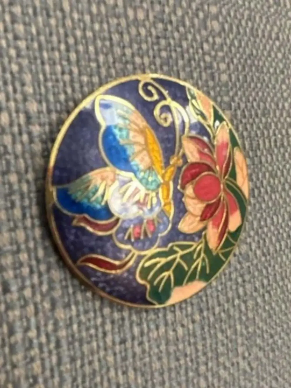 Vintage Round Cloisonne Butterfly and Floral Enamel Brooch Pin